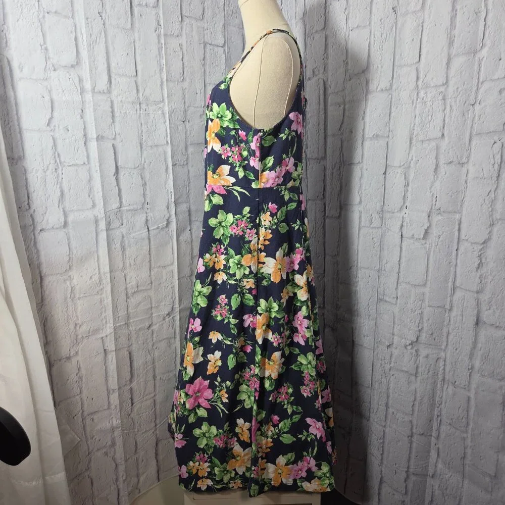 Old Navy Extra Large Navy Blue Floral Linen Blend Smocked Cottagecore Midi Dress - Picture 8 of 10